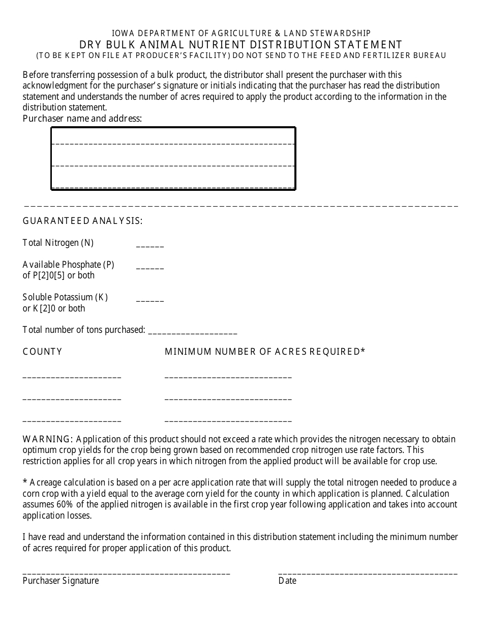 Dry Bulk Animal Nutrient Distribution Statement Form - Iowa, Page 1