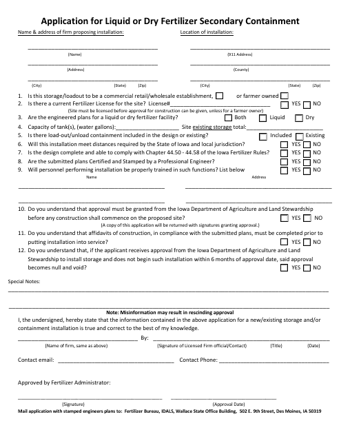 Application for Liquid or Dry Fertilizer Secondary Containment - Iowa Download Pdf
