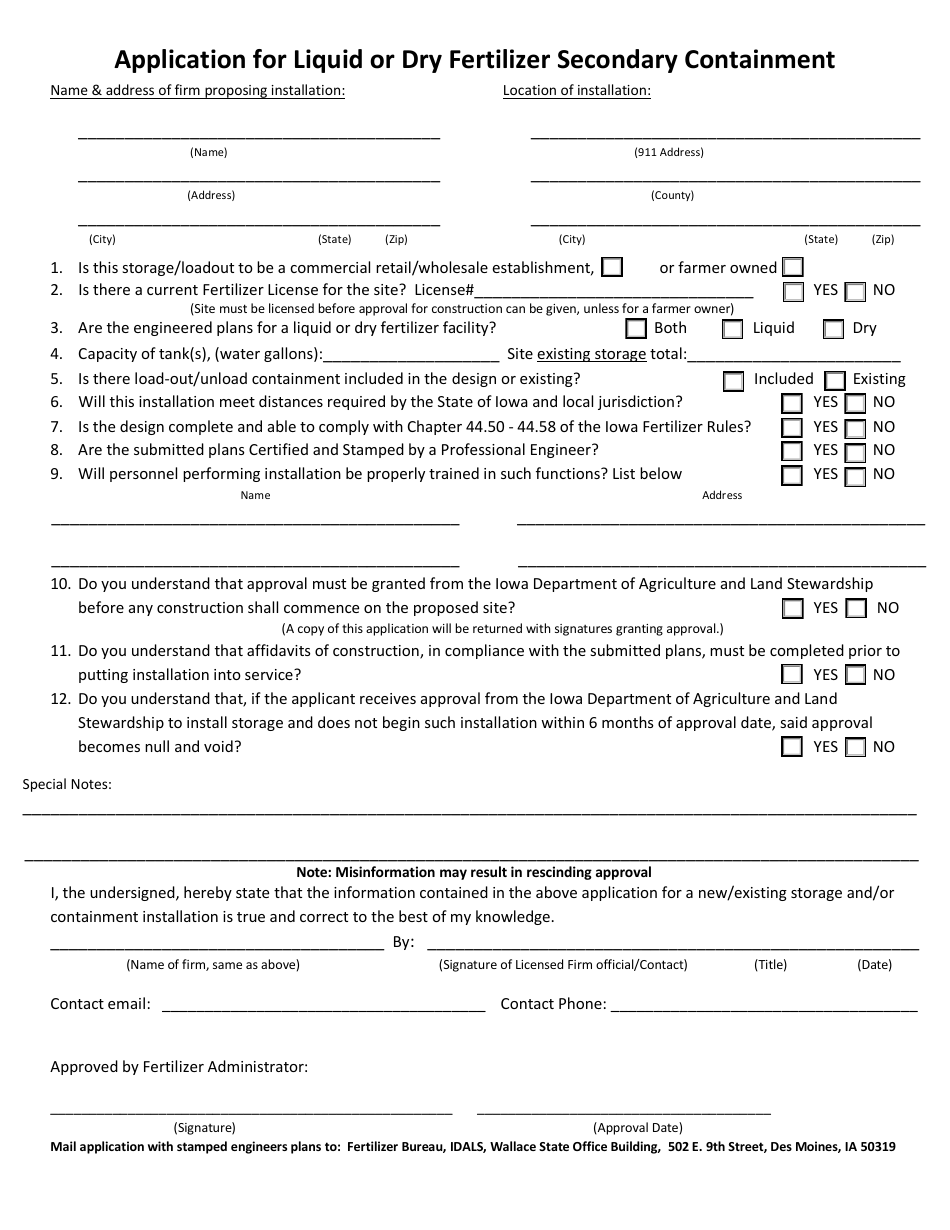 Application for Liquid or Dry Fertilizer Secondary Containment - Iowa, Page 1
