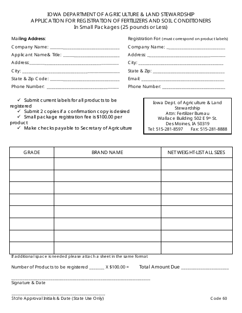 Application for Registration of Fertilizers and Soil Conditioners in Small Packages (25 Pounds or Less) - Iowa