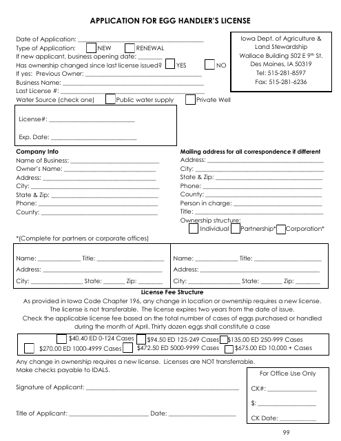 Application for Egg Handler's License - Iowa Download Pdf