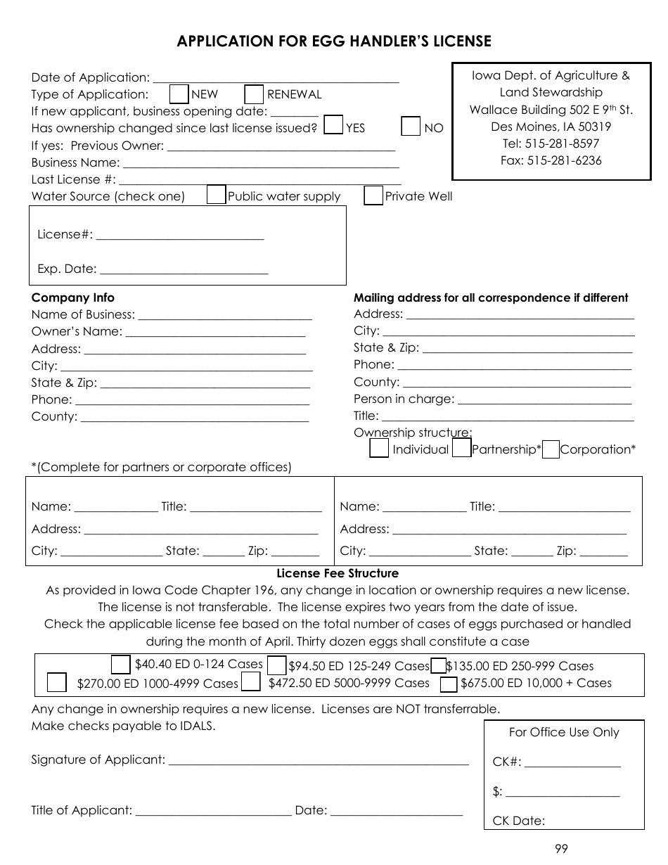 Application for Egg Handler's License - Iowa, Page 1