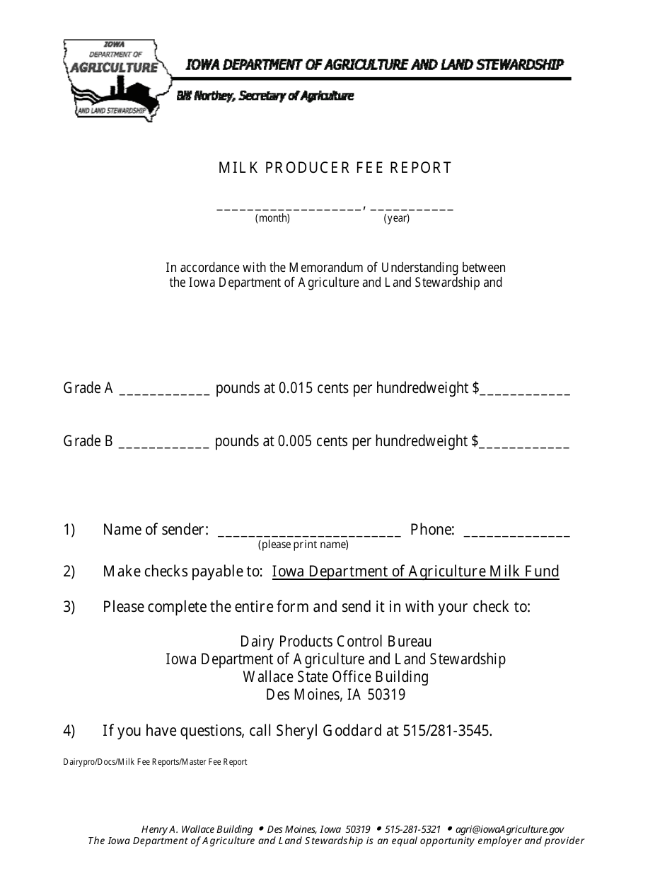 Milk Producer Fee Report Form - Iowa, Page 1