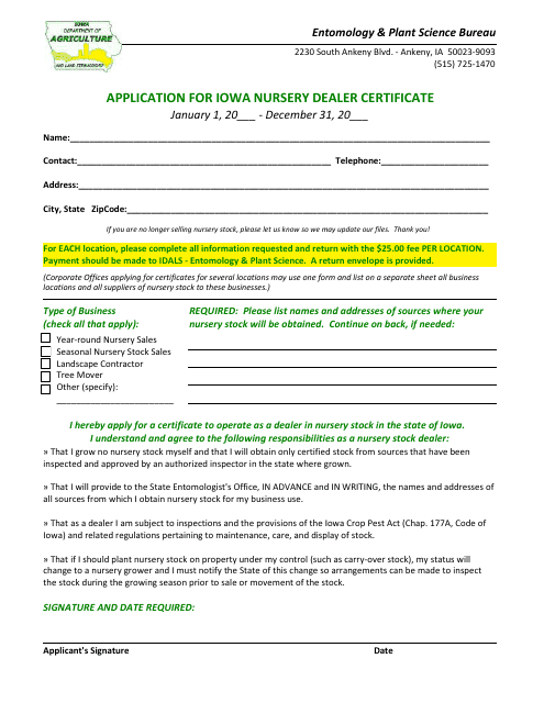 Application for Iowa Nursery Dealer Certificate - Iowa