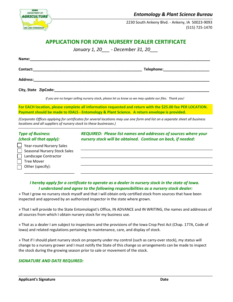 Application for Iowa Nursery Dealer Certificate - Iowa, Page 1