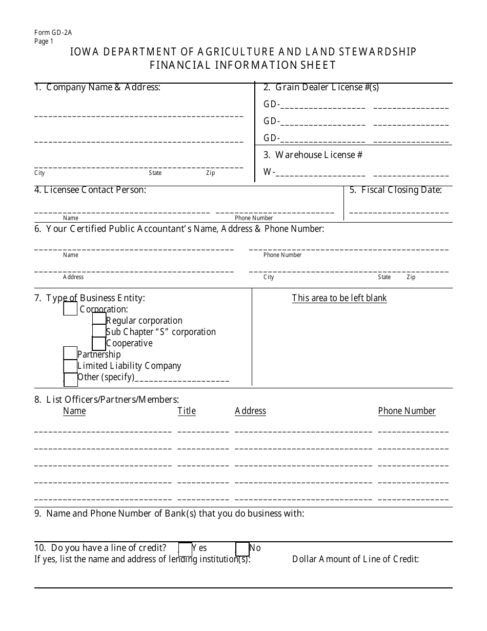 Form GD-2A Financial Information Sheet - Iowa, Page 1