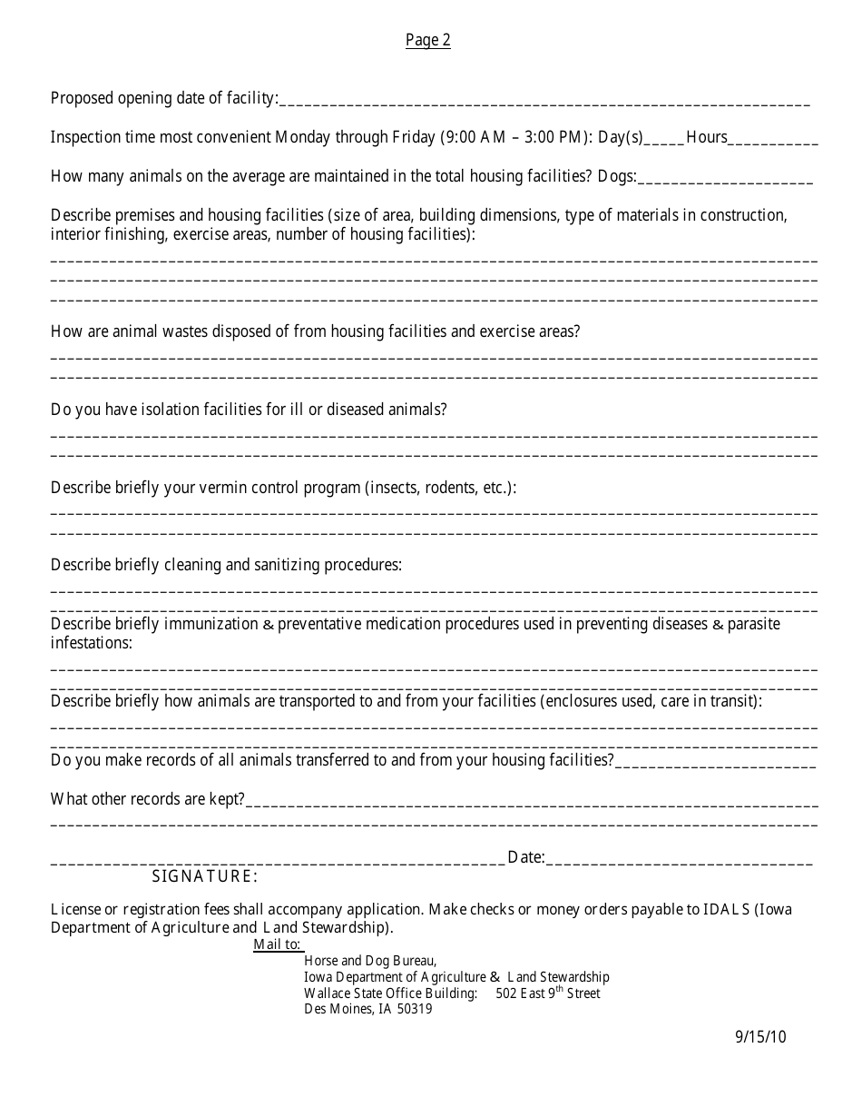 Application to Operate in Iowa as: a Greyhound Commercial Breeder Farm License - Iowa, Page 2