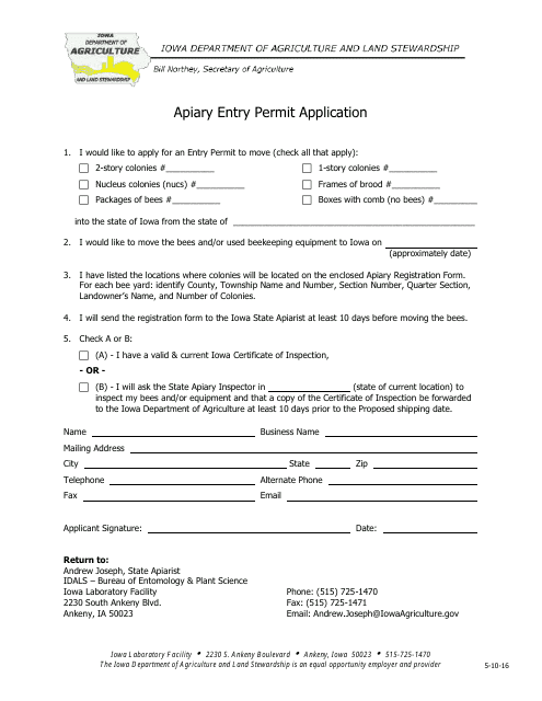 Apiary Entry Permit Application Form - Iowa Download Pdf