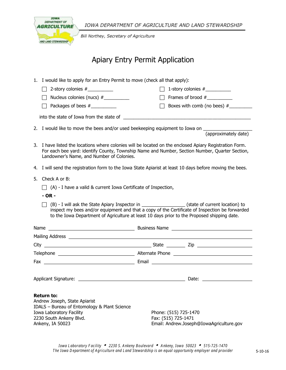 Apiary Entry Permit Application Form - Iowa, Page 1