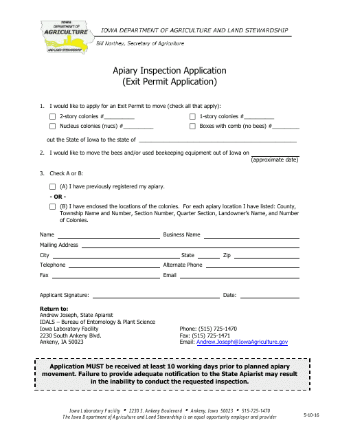 Apiary Inspection Application (Exit Permit Application) Form - Iowa Download Pdf