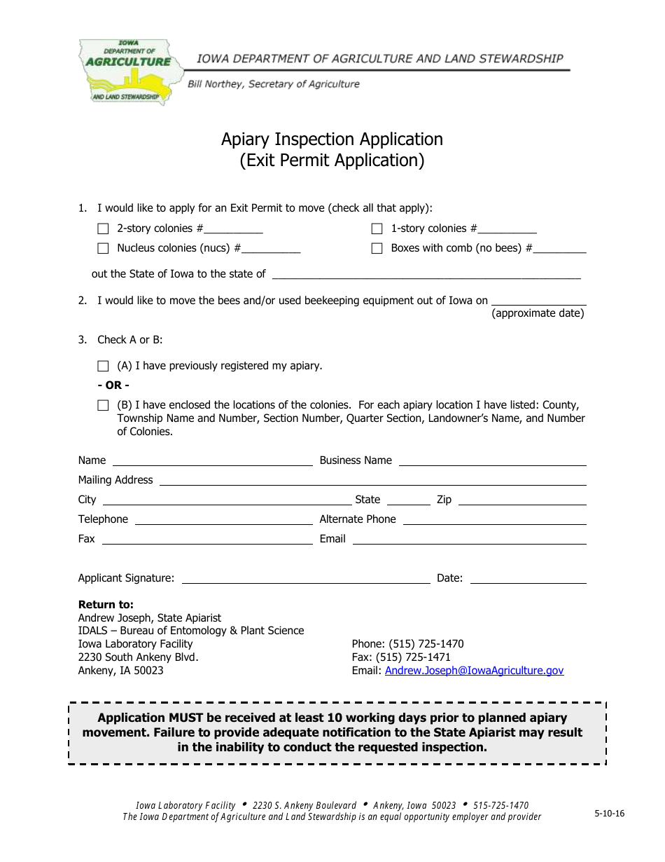 Apiary Inspection Application (Exit Permit Application) Form - Iowa, Page 1