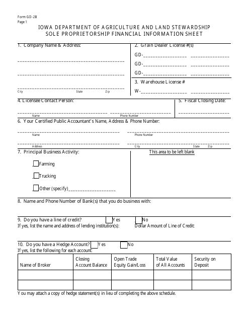 Form GD-2B Sole Proprietorship Financial Information Sheet - Iowa