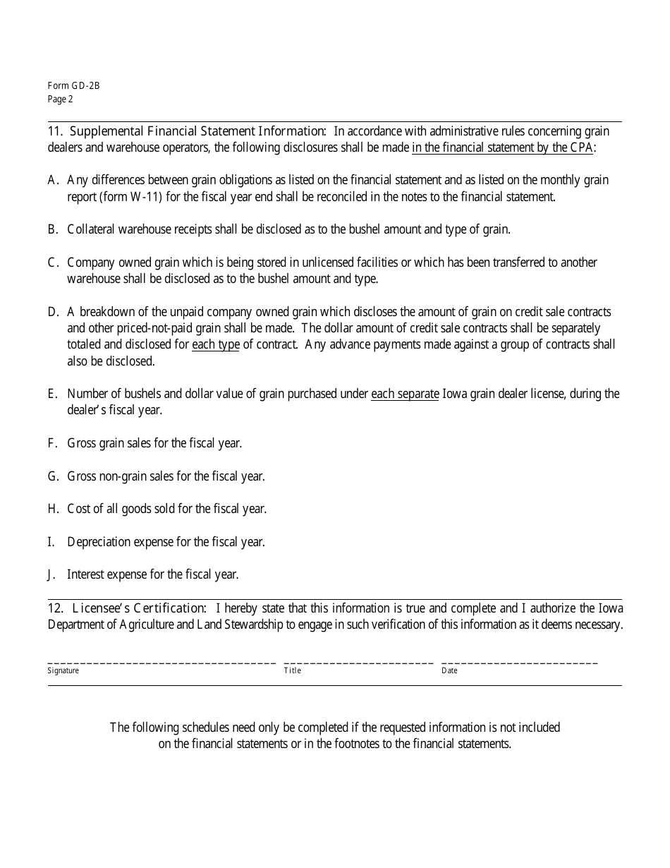 Form GD-2B Sole Proprietorship Financial Information Sheet - Iowa, Page 2