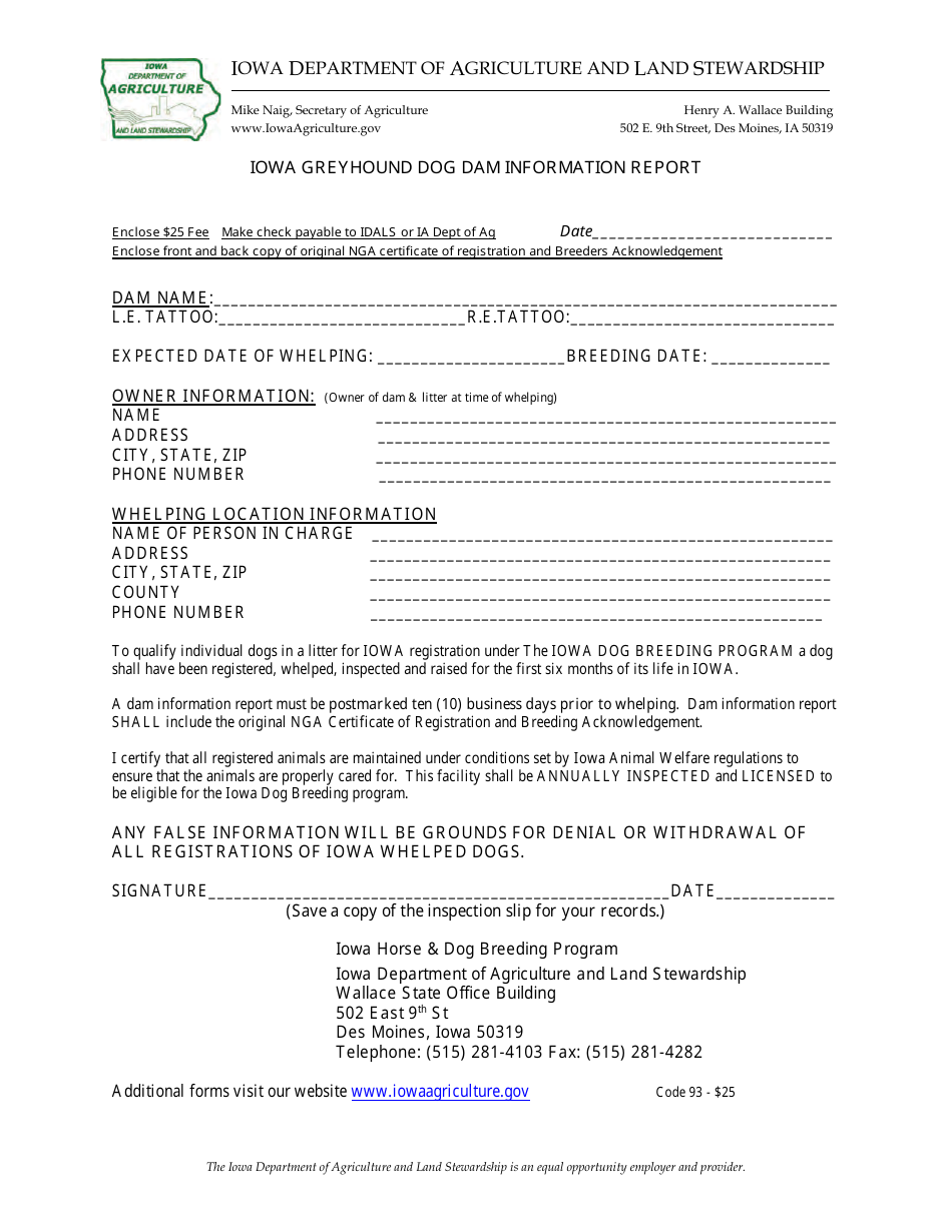 Iowa Greyhound Dog Dam Information Report Form - Iowa, Page 1