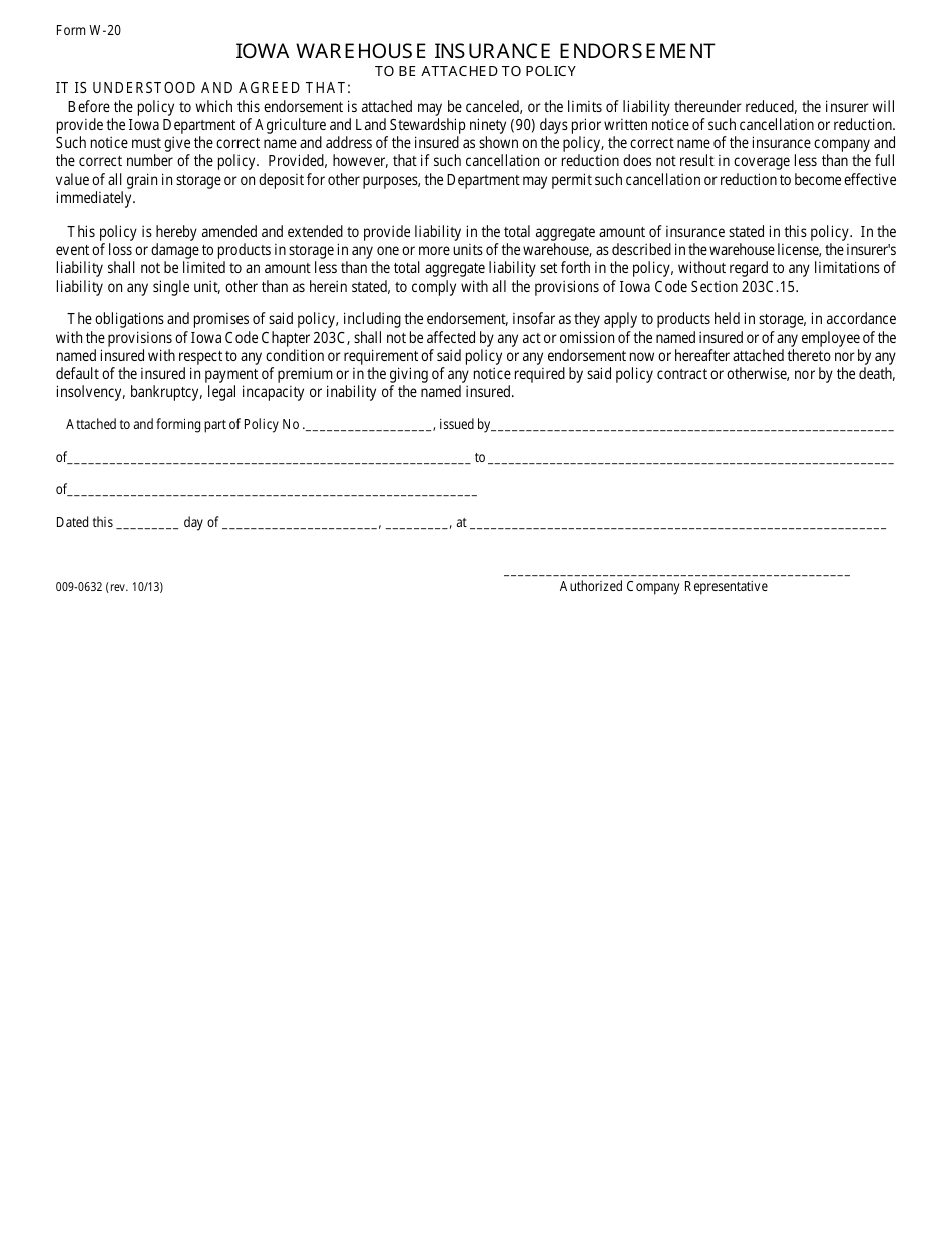 Form W-20 Iowa Warehouse Insurance Endorsement - Iowa, Page 1