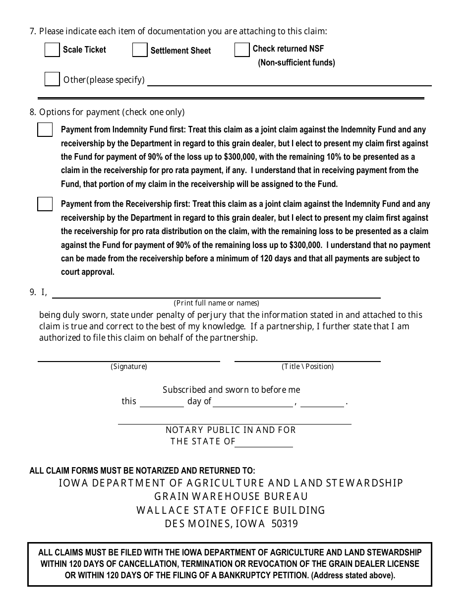 Grain Depositors and Sellers Indemnity Fund Grain Dealer Claim Form - Iowa, Page 2