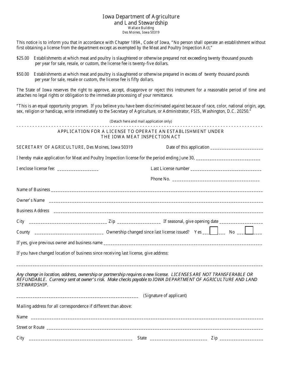 Application for a License to Operate an Establishment Under the Iowa Meat Inspection Act - Iowa, Page 1