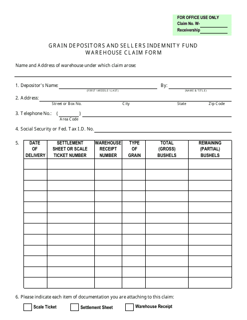 Grain Depositors and Sellers Indemnity Fund Warehouse Claim Form - Iowa Download Pdf