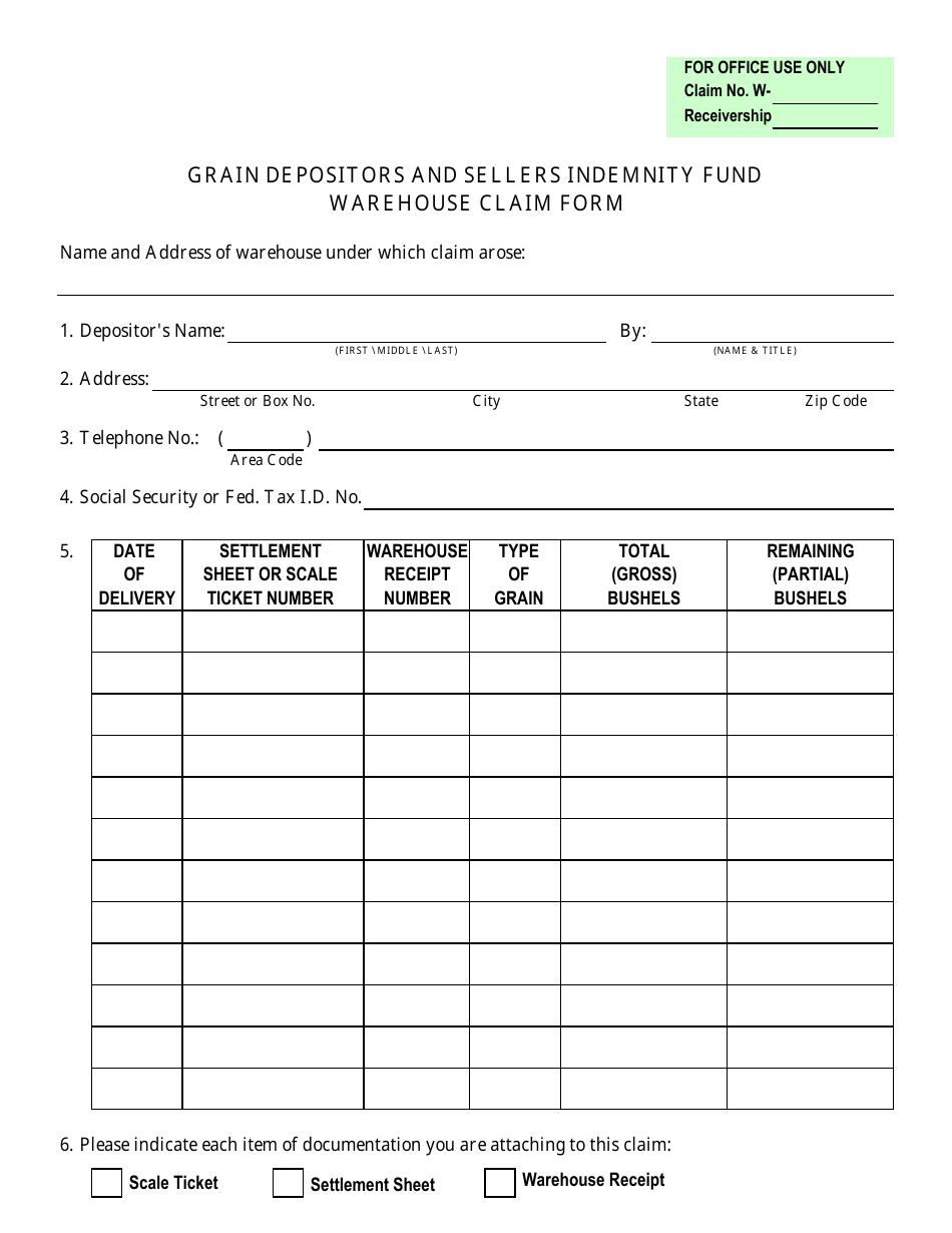 Grain Depositors and Sellers Indemnity Fund Warehouse Claim Form - Iowa, Page 1