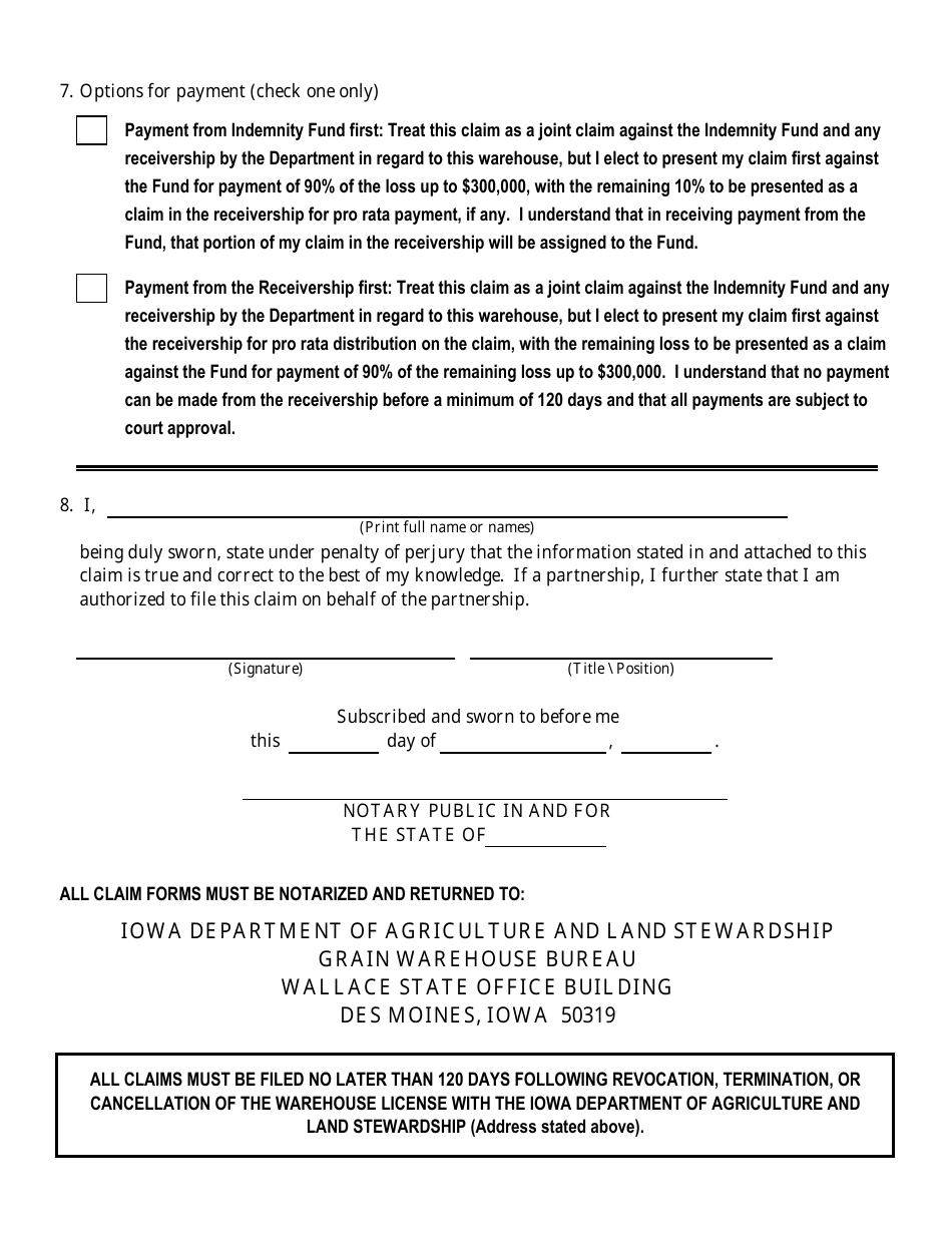 Grain Depositors and Sellers Indemnity Fund Warehouse Claim Form - Iowa, Page 2