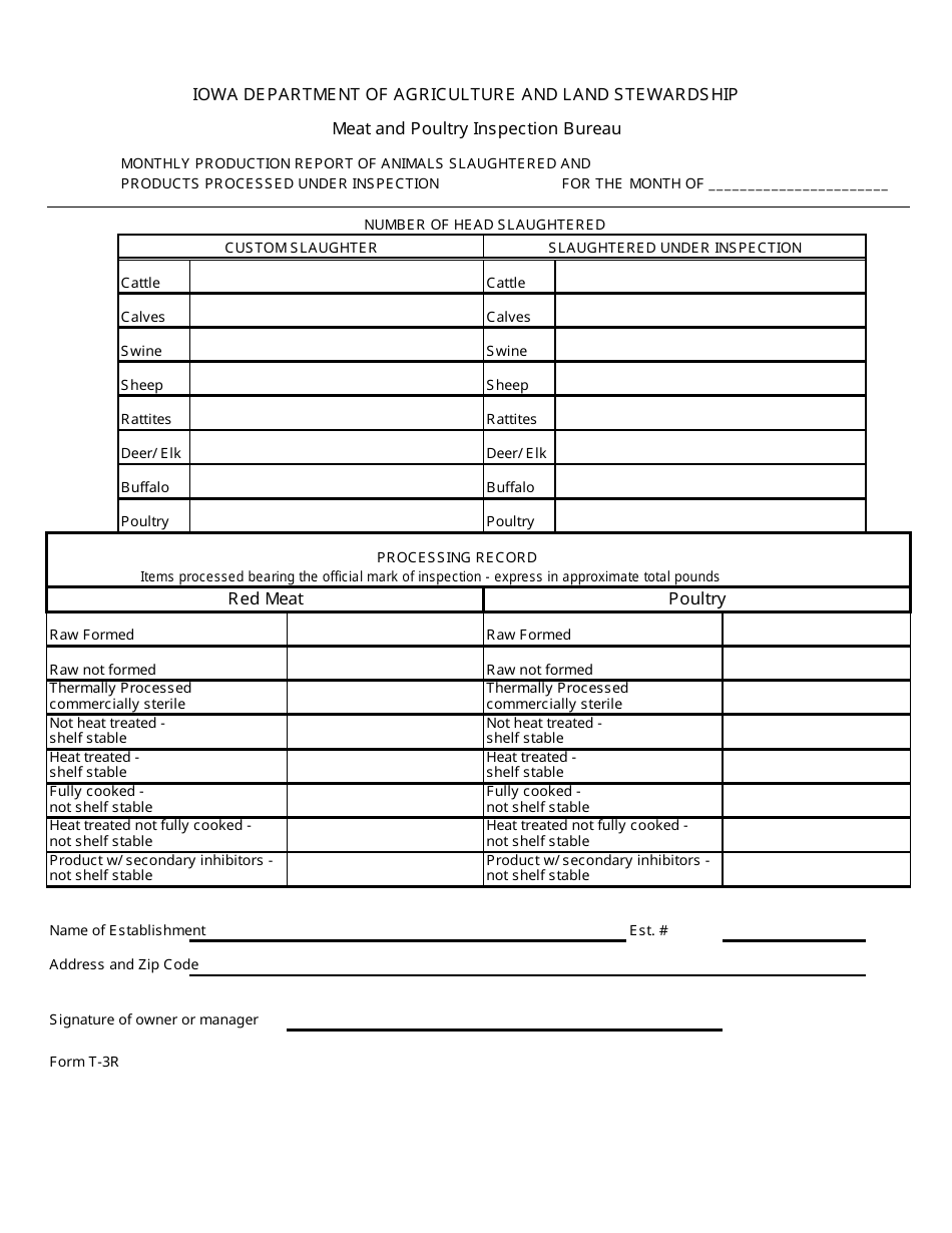 Form T-3R Monthly Production Report of Animals Slaughtered and Products Processed Under Inspection - Iowa, Page 1