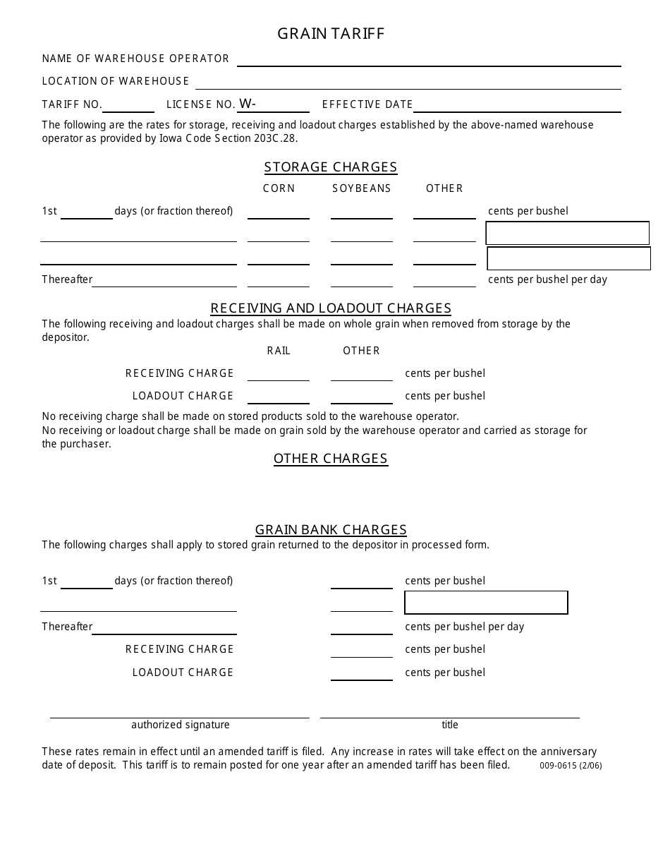 Form 009-0615 Grain Tariff - Iowa, Page 1