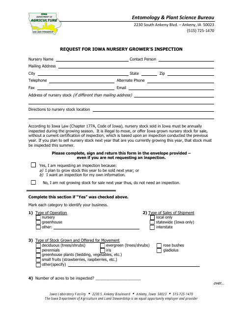 Request for Iowa Nursery Grower's Inspection - Iowa