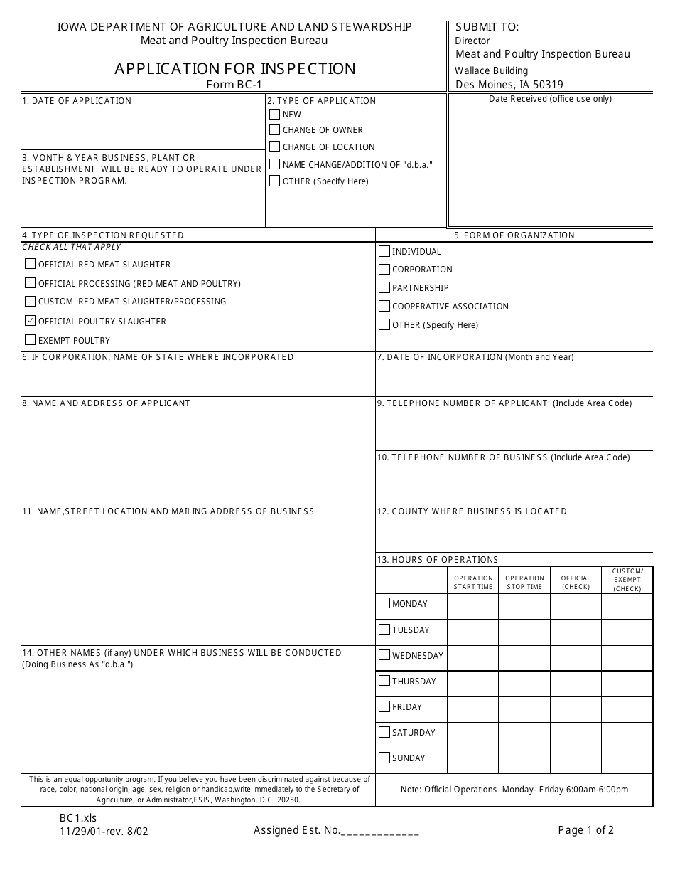 Form BC-1 Application for Inspection - Iowa, Page 1