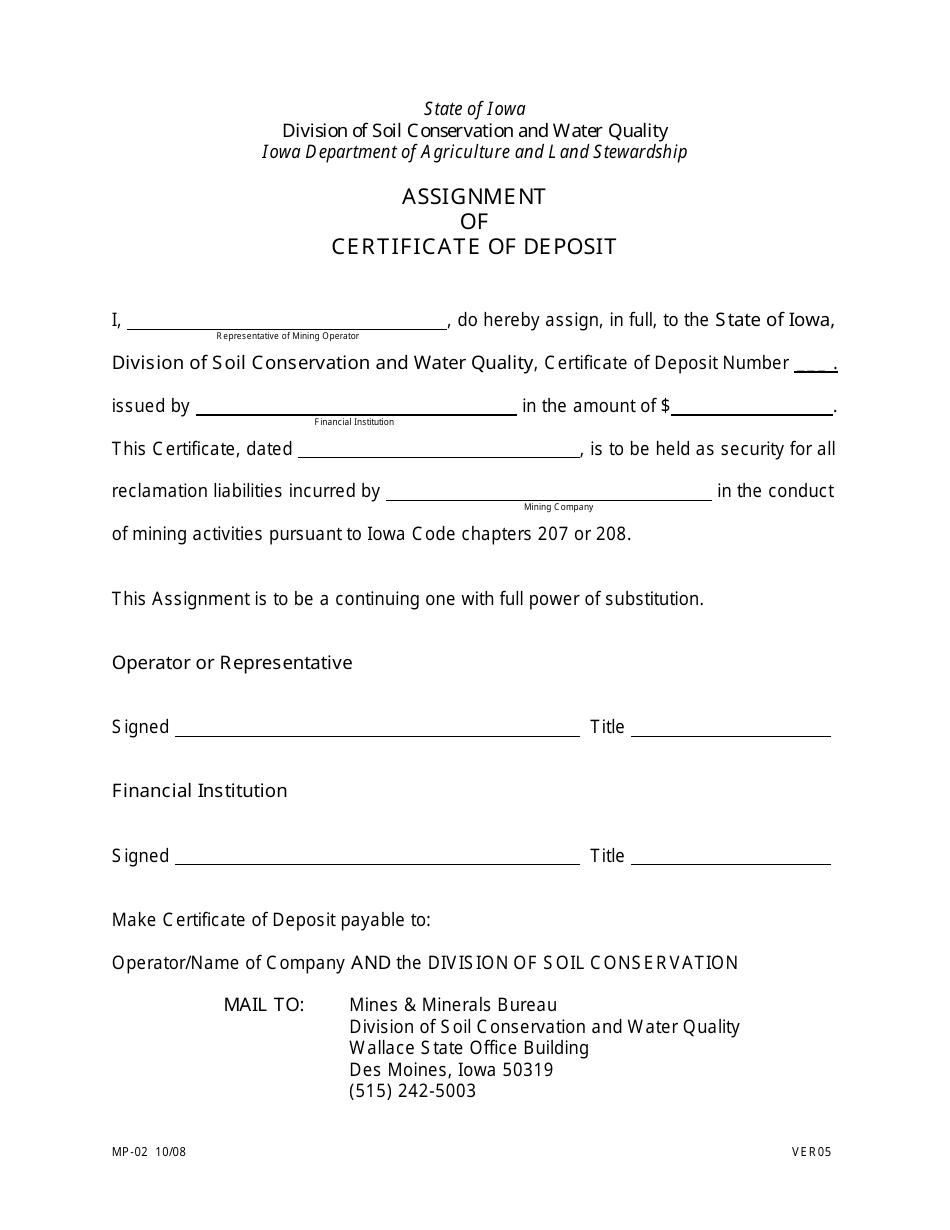 Form MP-02 Assignment of Certificate of Deposit - Iowa, Page 1