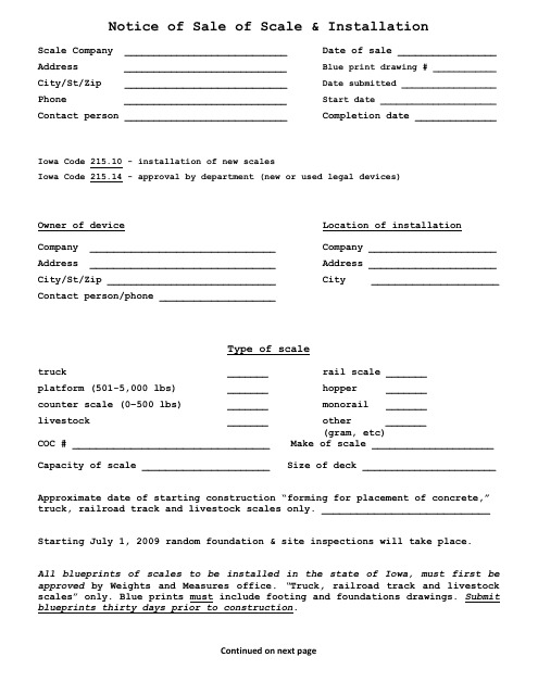 Notice of Sale of Scale & Installation - Iowa