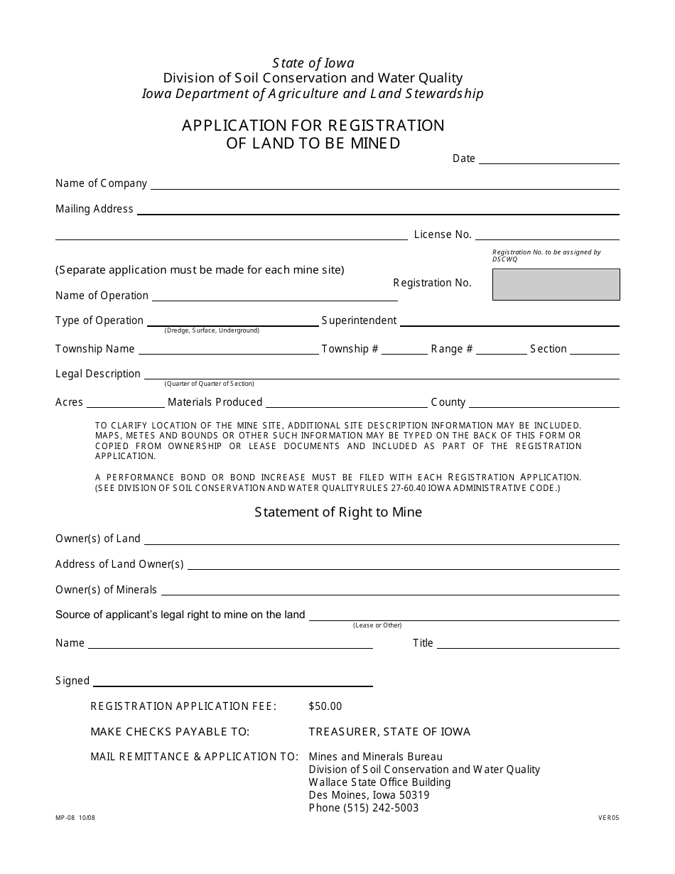 Form MP-08 Application for Registration of Land to Be Mined - Iowa, Page 1