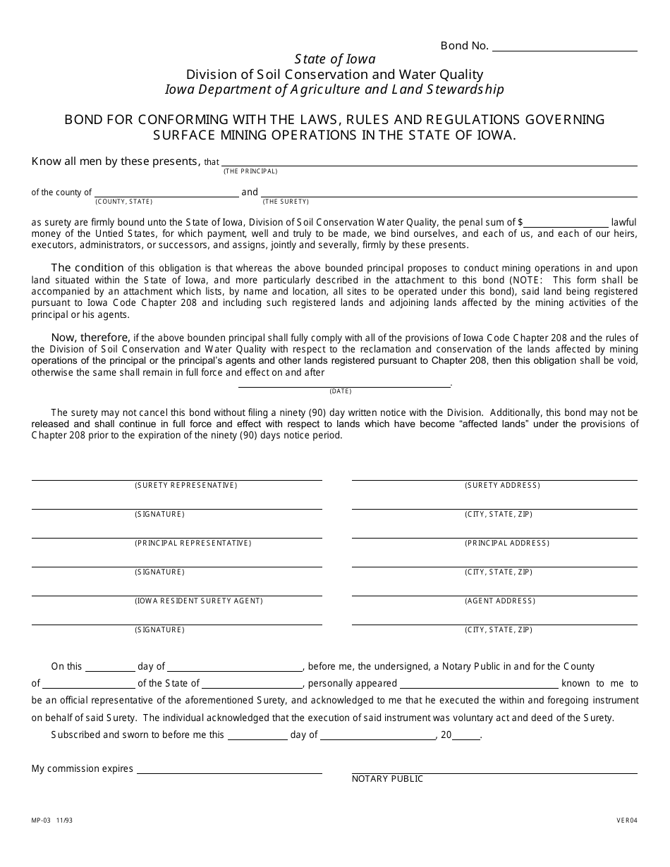 Form MP-03 Bond for Conforming With the Laws, Rules and Regulations Governing Surface Mining Operations in the State of Iowa - Iowa, Page 1