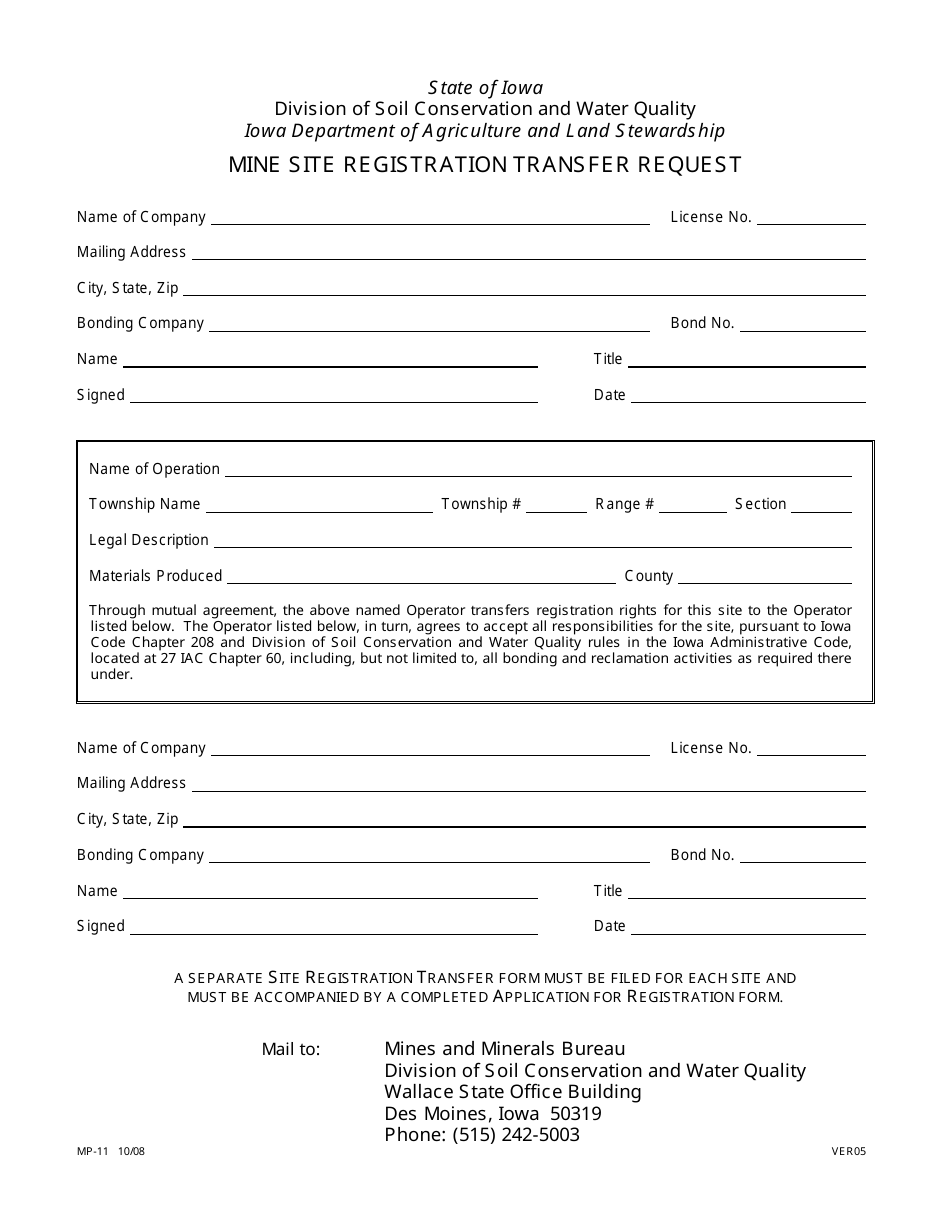 Form MP-11 Mine Site Registration Transfer Request - Iowa, Page 1