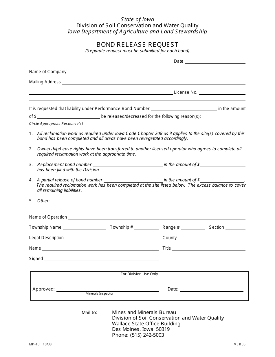 Form MP-10 Bond Release Request - Iowa, Page 1