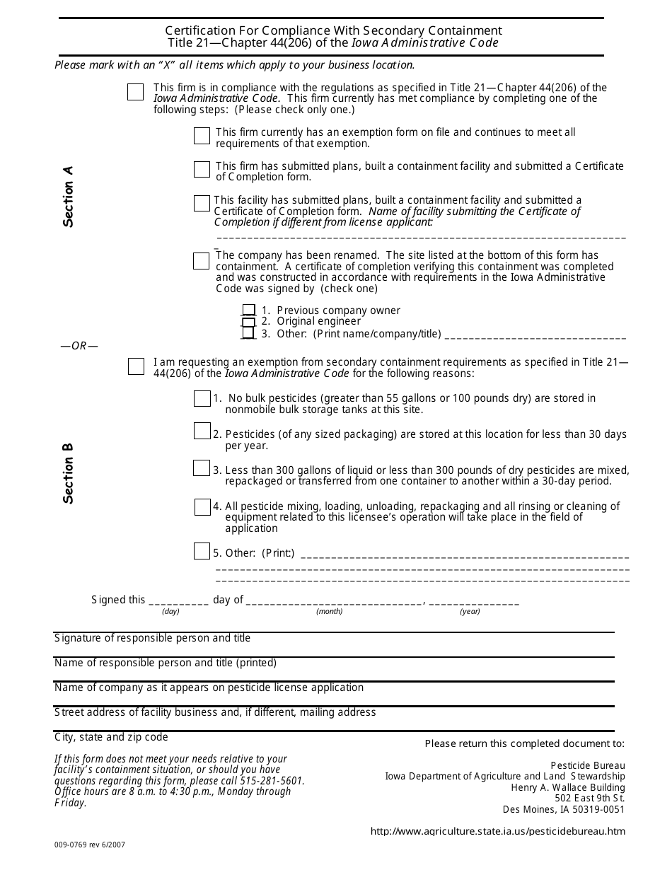 Form 009-0769 Certification for Compliance With Secondary Containment Title 21chapter 44(206) of the Iowa Administrative Code - Iowa, Page 1