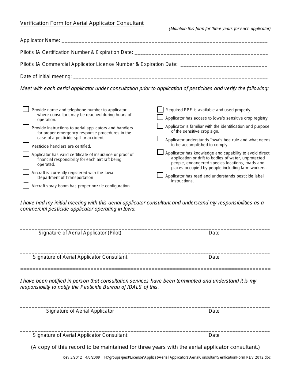 Verification Form for Aerial Applicator Consultant - Iowa, Page 1