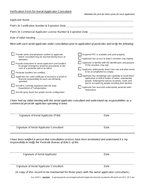 Verification Form for Aerial Applicator Consultant - Iowa Download Pdf