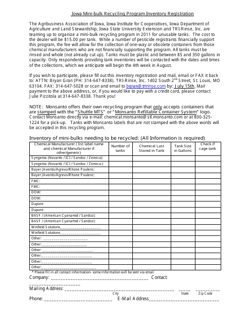 Iowa Mini-Bulk Recycling Program Inventory Registration Form - Iowa Download Pdf