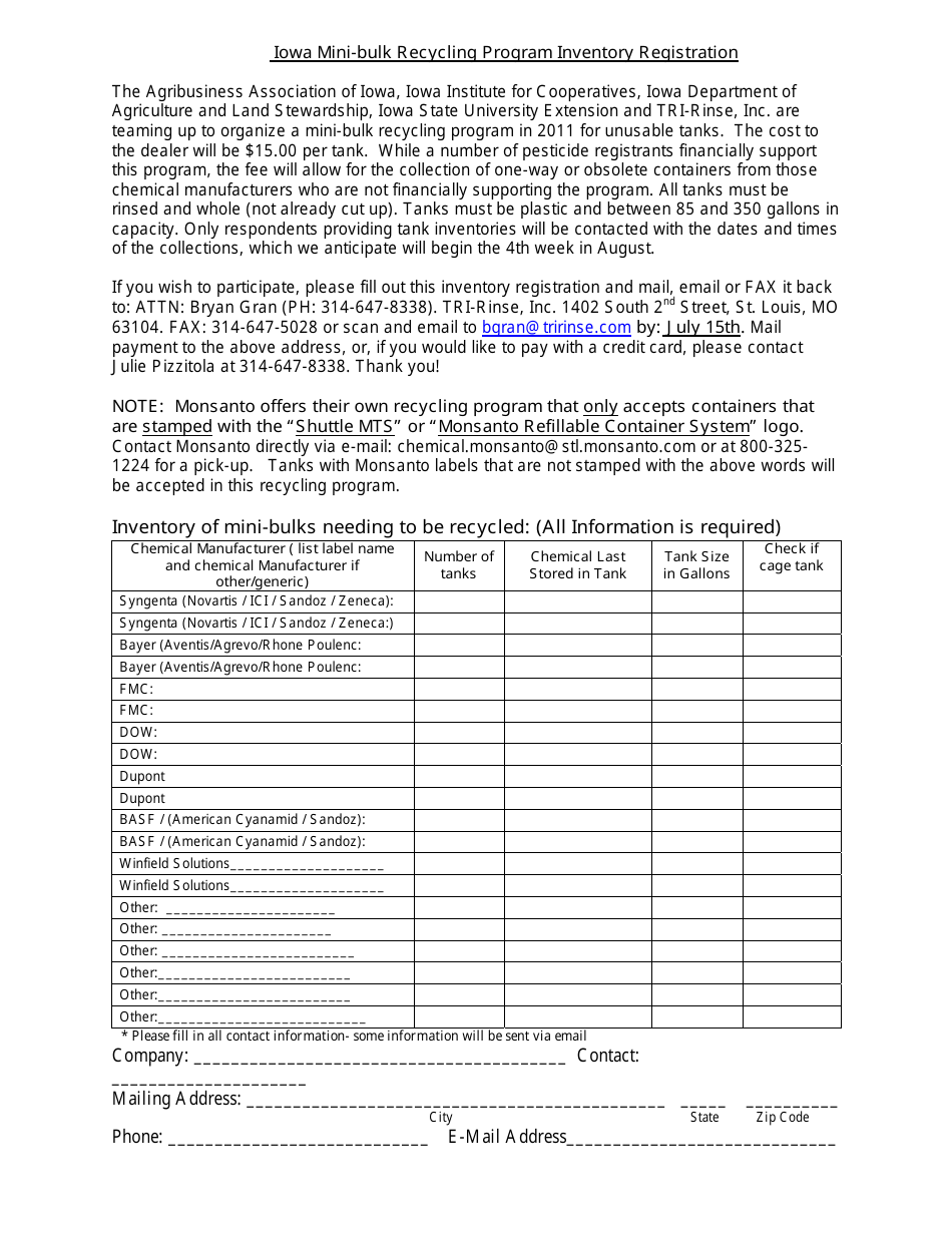 Iowa Mini-Bulk Recycling Program Inventory Registration Form - Iowa, Page 1