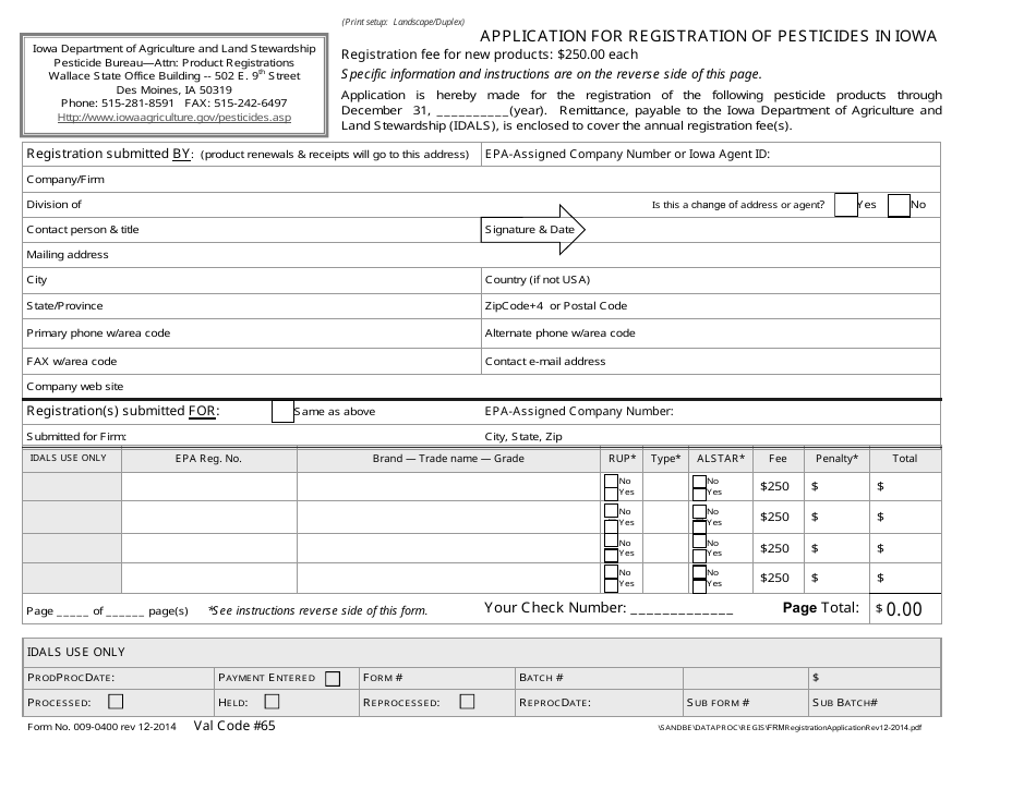Form 009-0400 Application for Registration of Pesticides in Iowa - Iowa, Page 1