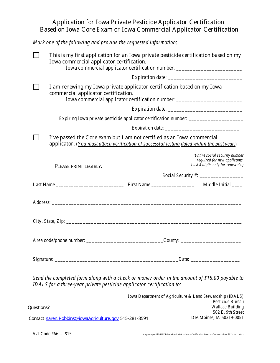 Application for Iowa Private Pesticide Applicator Certification Based on Iowa Core Exam or Iowa Commercial Applicator Certification - Iowa, Page 1