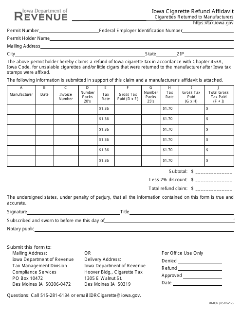 Form 70-039  Printable Pdf