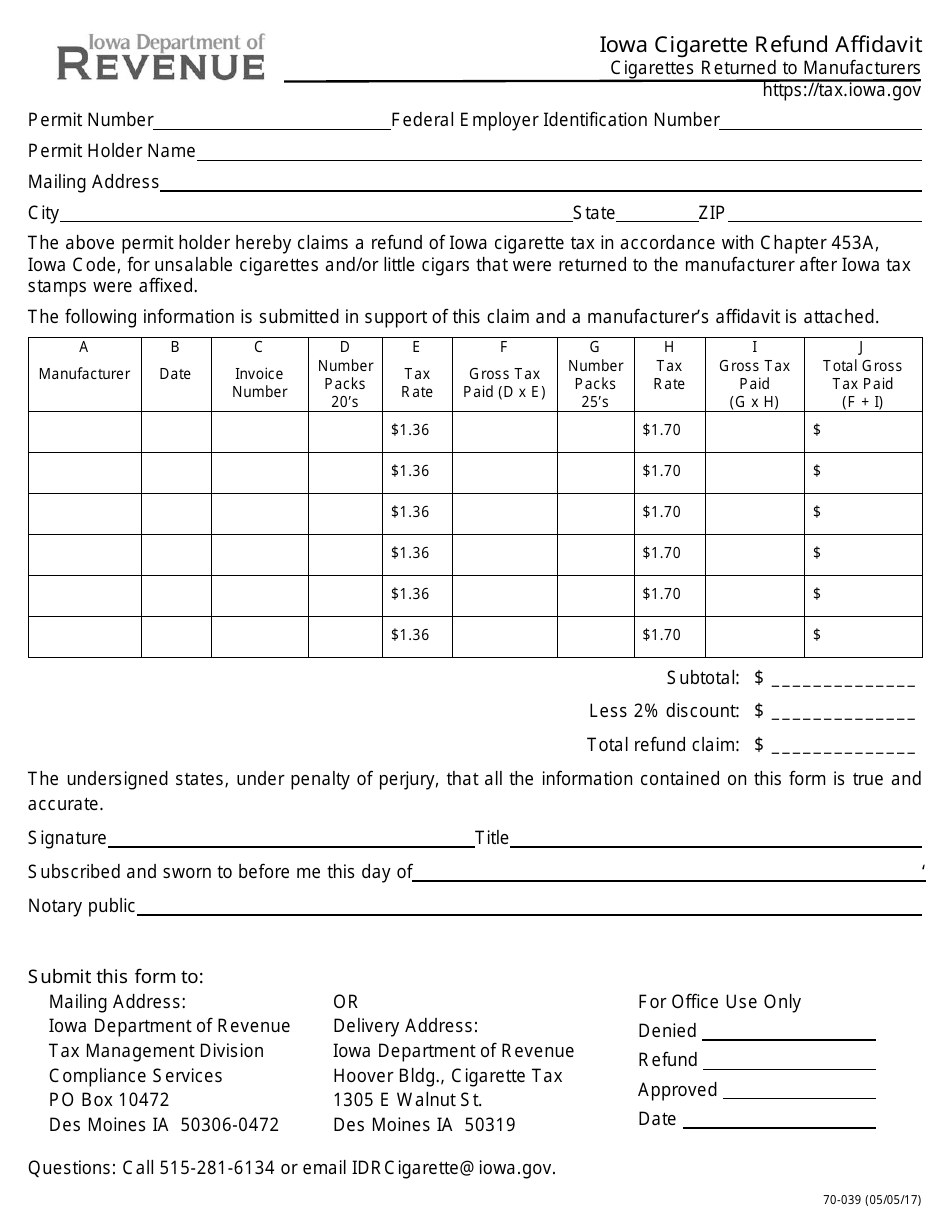 Form 70-039 Iowa Cigarette Refund Affidavit - Iowa, Page 1