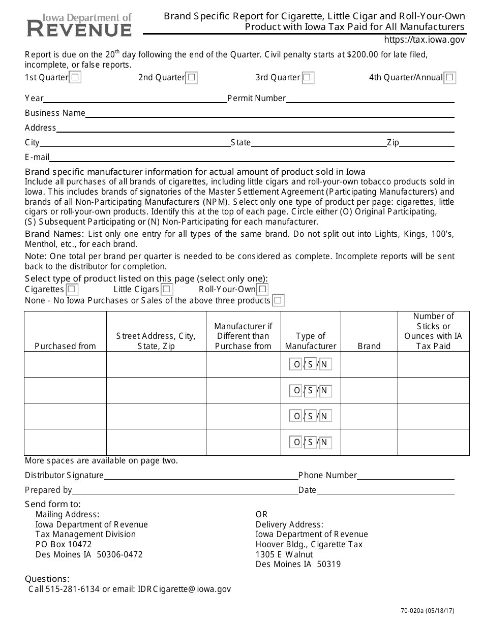 Form 70-020 Brand Specific Report for Cigarette, Little Cigar and Roll-Your-Own Product With Iowa Tax Paid for All Manufacturers - Iowa, Page 1