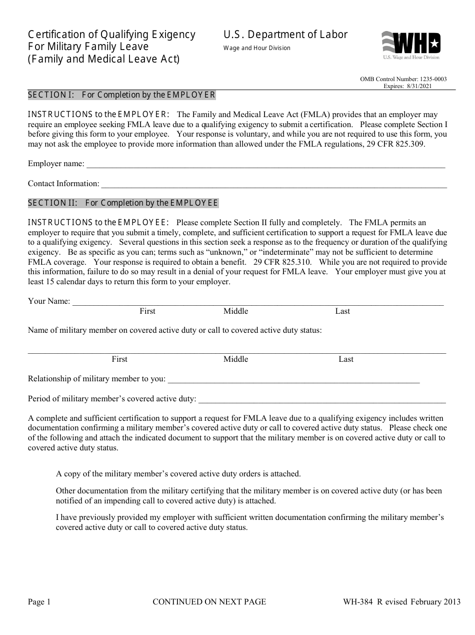 Form WH-384 Certification of Qualifying Exigency for Military Family Leave (Family and Medical Leave Act), Page 1