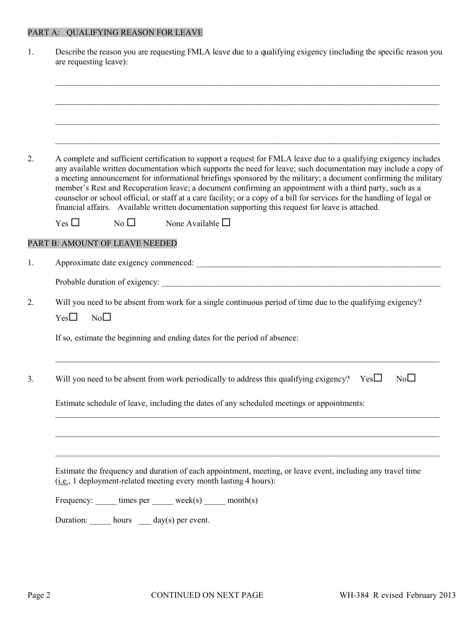 Form WH-384 Certification of Qualifying Exigency for Military Family Leave (Family and Medical Leave Act), Page 2