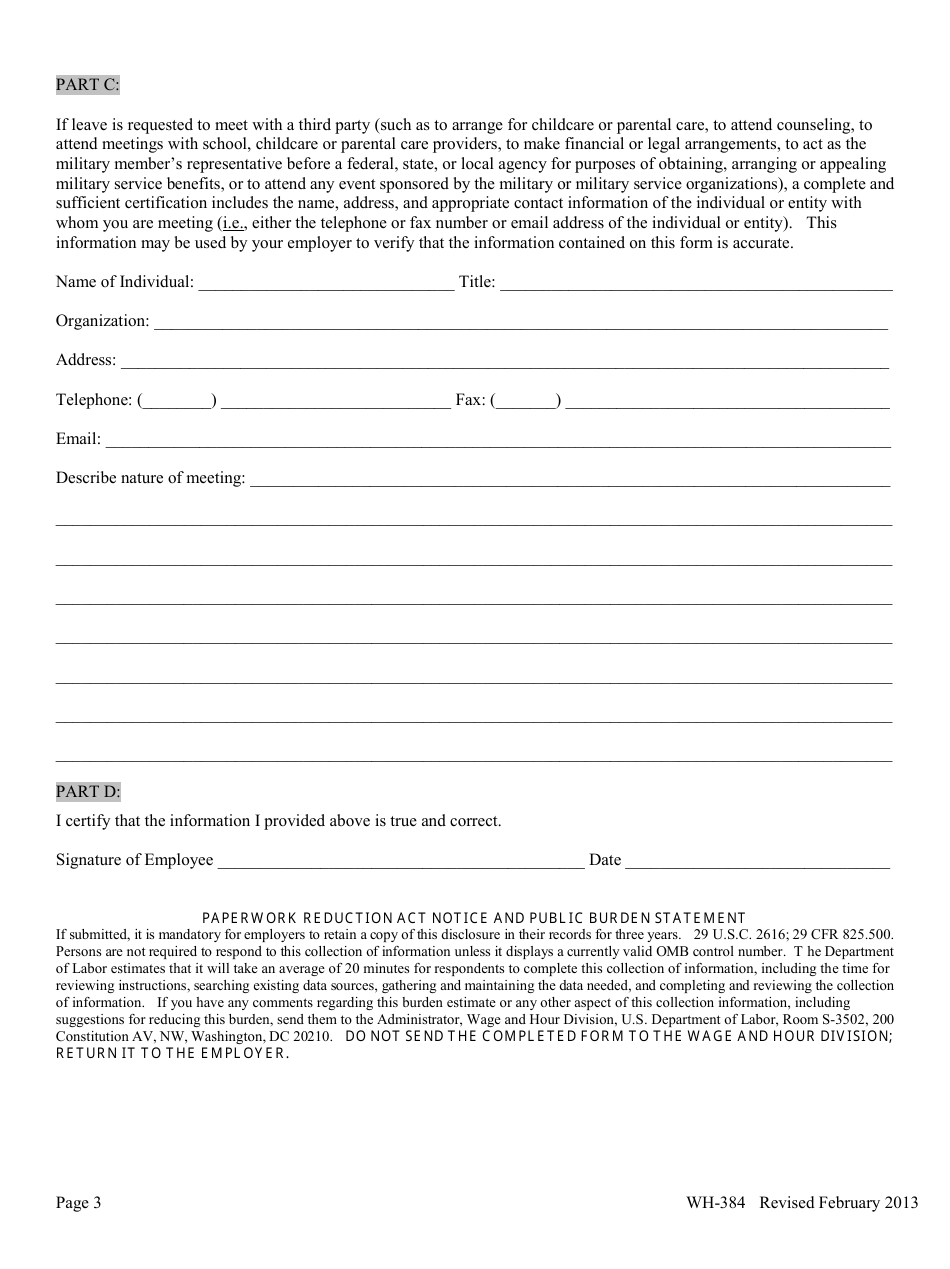 Form WH-384 Certification of Qualifying Exigency for Military Family Leave (Family and Medical Leave Act), Page 3