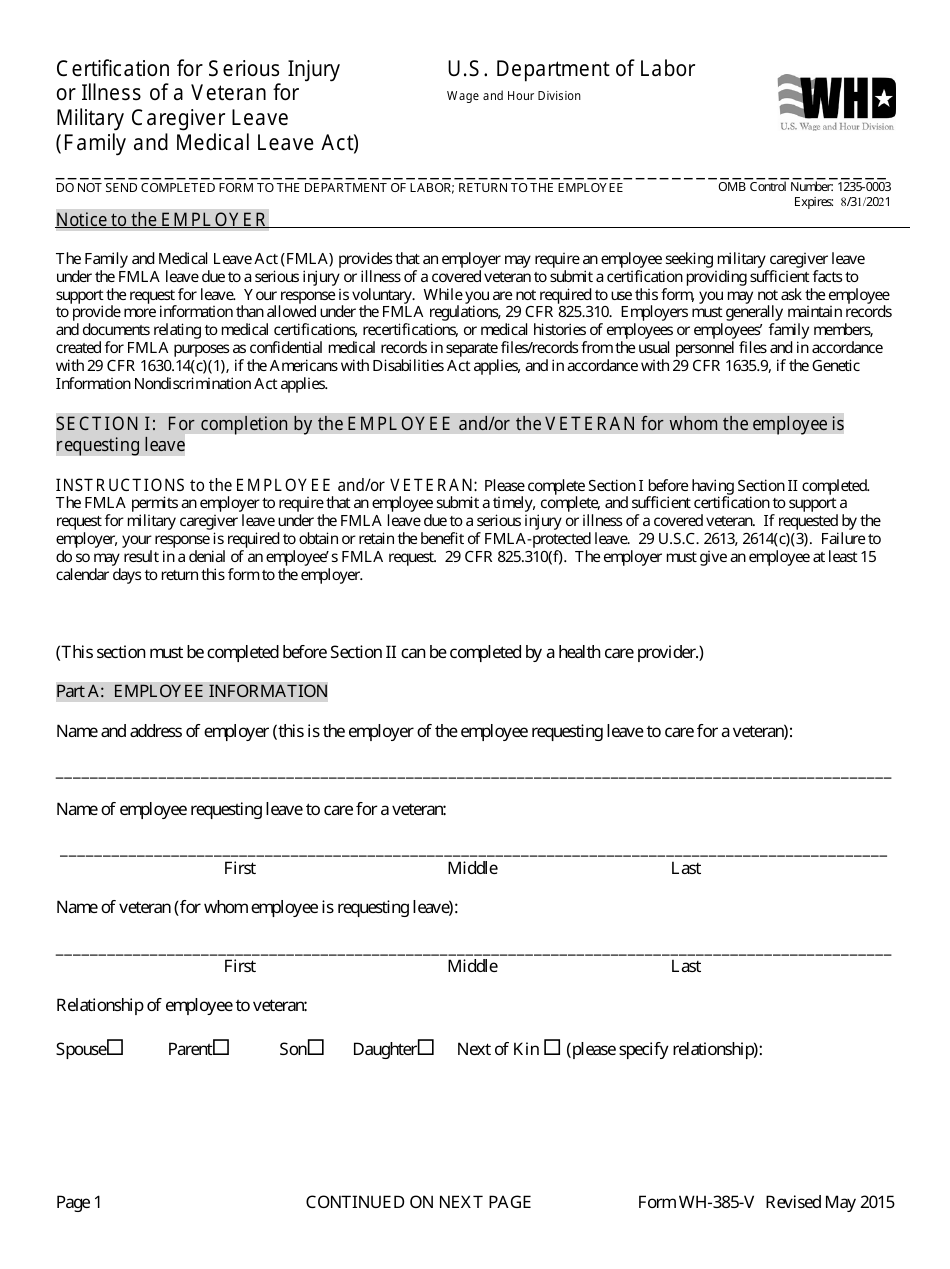 Form WH-385-V Certification for Serious Injury or Illness of a Veteran for Military Caregiver Leave (Family and Medical Leave Act), Page 1