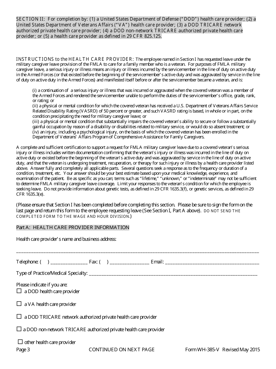 Form WH-385-V Certification for Serious Injury or Illness of a Veteran for Military Caregiver Leave (Family and Medical Leave Act), Page 3