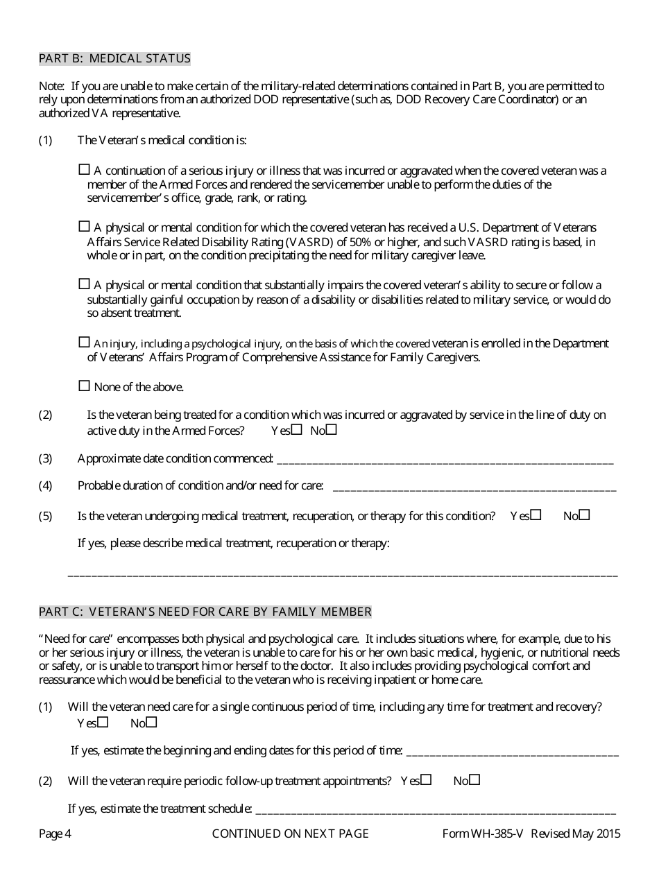 Form WH-385-V Certification for Serious Injury or Illness of a Veteran for Military Caregiver Leave (Family and Medical Leave Act), Page 4